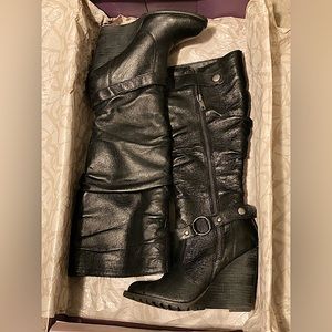 Genuine leather black heel boots